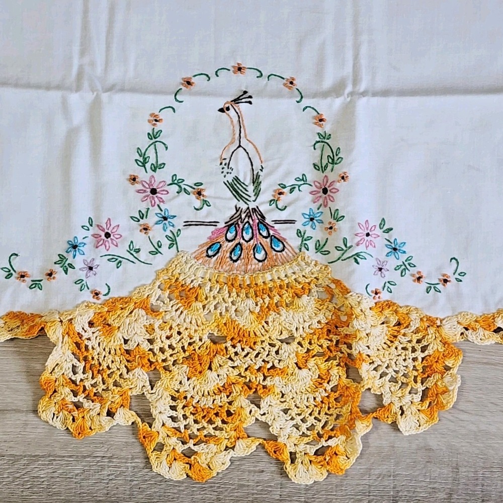 Lot Of 2 Rare VTG Pillowcases Peacock Yellow Bird Multicolor Crocheted 31"x20.5"